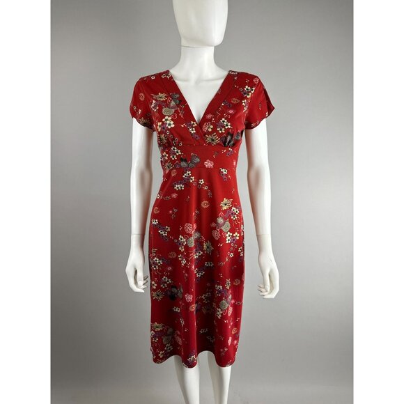 Vtg 90s Red Asian Inspired Floral V Neck A Line Dress Whimsygoth Size 11/12 - Picture 6 of 7